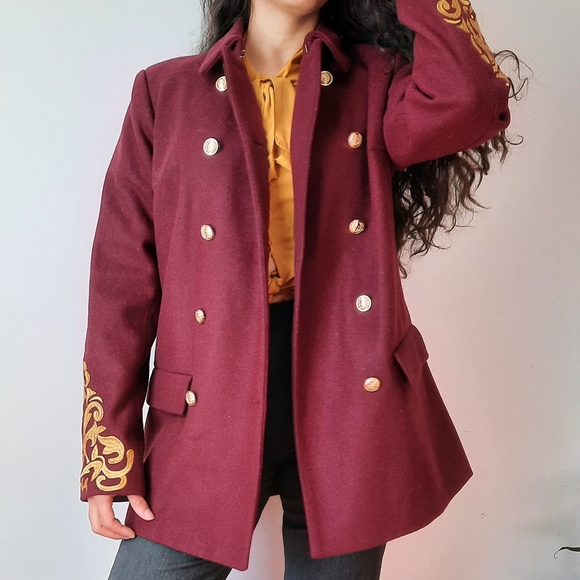 Burgundy embroidered pea coat - Picture 7 of 12
